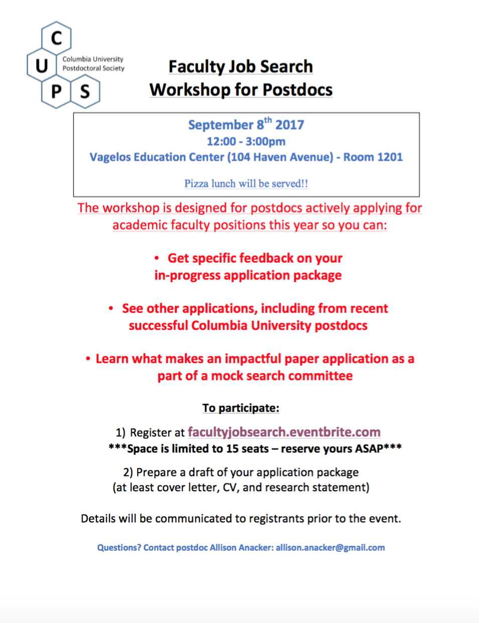 Faculty job search workshop for postdocs at Columbia University