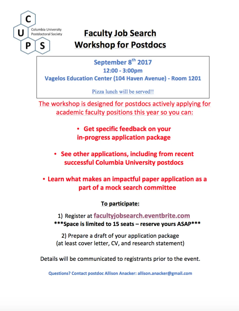 Faculty job search workshop for postdocs at Columbia University